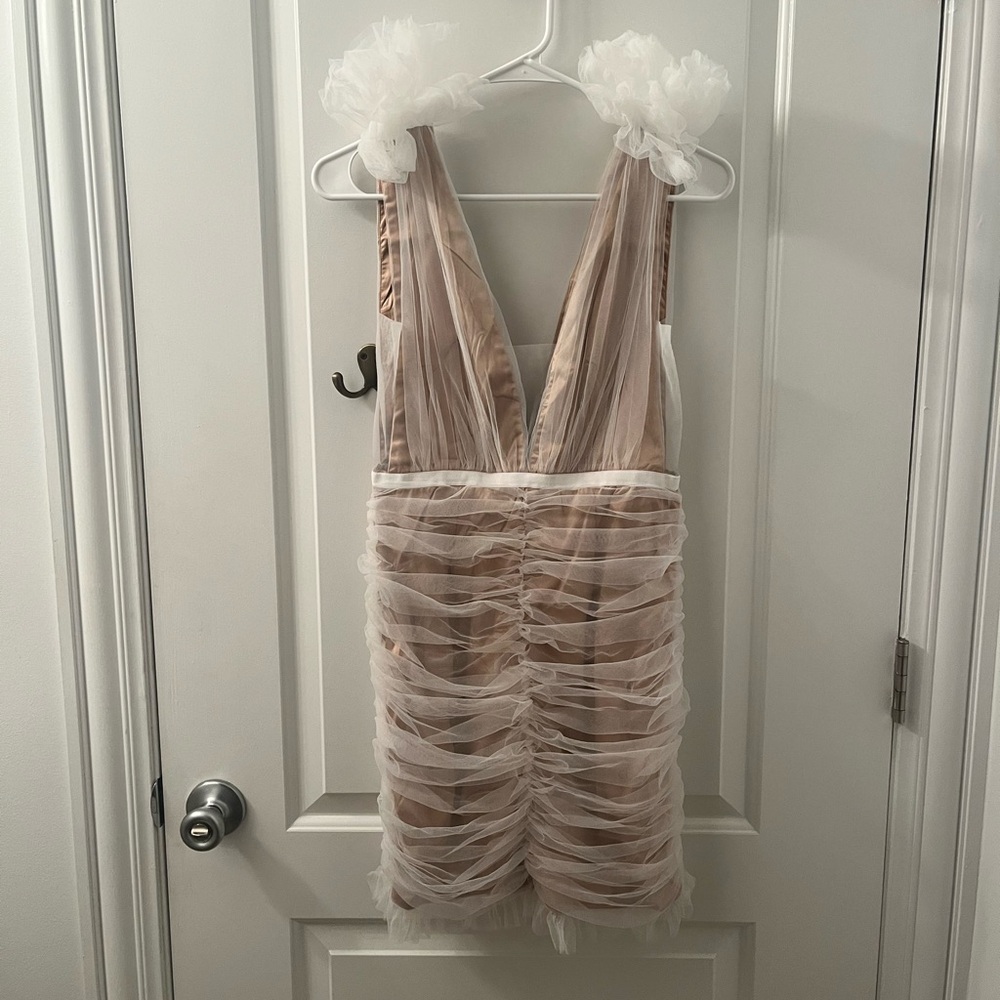 Selfie Leslie Cream and Tan Ruched Mini Dress